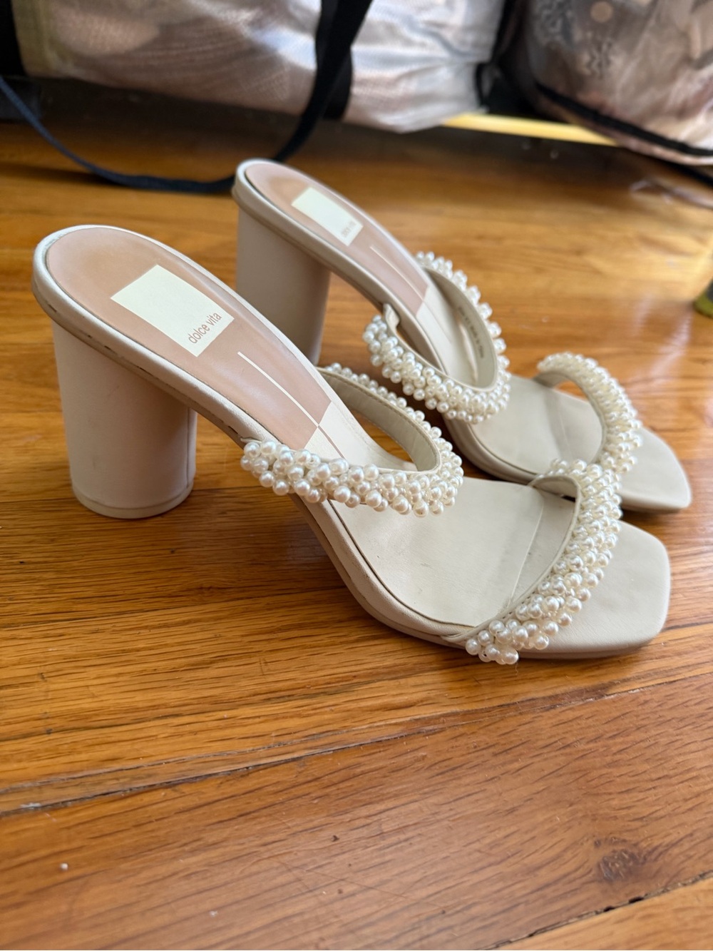 Dolce Vita Pearl-Embellished Cream Heeled Sandals